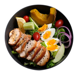 Grilled chicken breast salad with eggs, tomato, pumpkin, lettuce, cucumber and onion isolated on transparent background