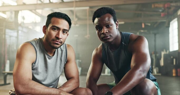 Fitness, men and fist bump in gym with confidence, workout motivation and exercise class. Diversity, friends and wellness portrait of athlete with coach ready for training and sport at a health club