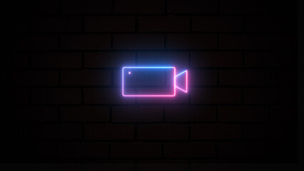 Blue and purple neon video record icons. Illustration: a neon-glowing record sign. An attention label glows on the brick wall's background