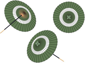 緑の蛇の目傘のイラストセット © 麻由美 八木