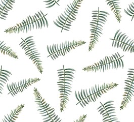seamless pattern with green watercolor fern leaves on white background