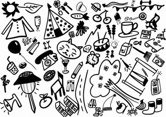 Obraz premium camping doodle pattern in seamless style black line hand drawing on white background design for fabric or wall paint or wallpaper pop art