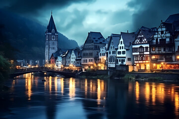 medieval European town center on river at twilight early evening with city lights and reflections