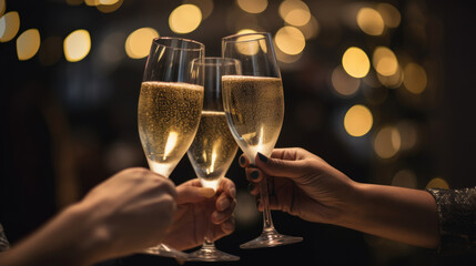 Close-up of three people toasting champagne flutes