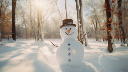 Snowman smiling in a snow-covered forest