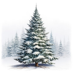 Illustration of a snow-covered christmas tree in a snowy white forest