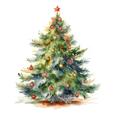 Watercolor christmas tree wih decorations on a white background