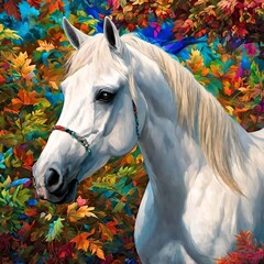 White horse in autumn forest