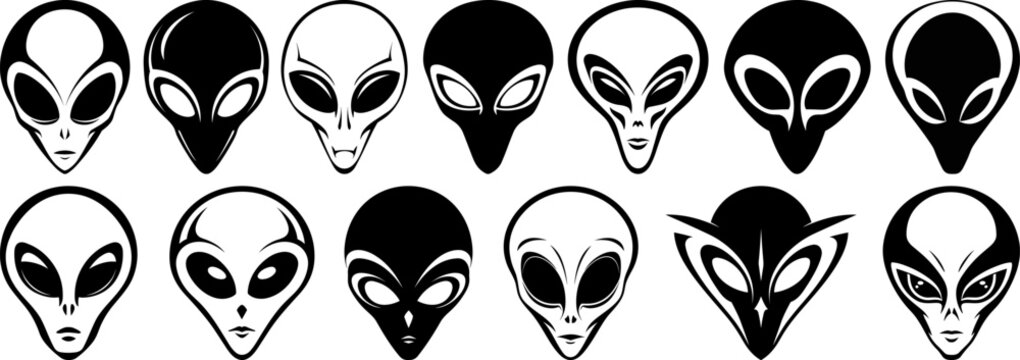 Alien face head variations isolated black vector silhouette collection