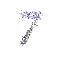 Font made of flowers and leaves, numbers, alphabet, font art 3d rendering with transparent background