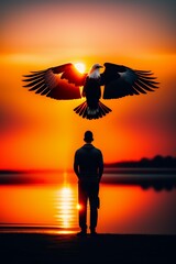 A men see sunset and eagle is flying in the air