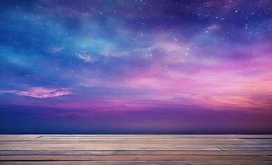 Tuinposter Colorful nebular sky in sunset background with wooden table top on the sea. Pink purple blue yellow orange and red color tone © Virtual Art Studio