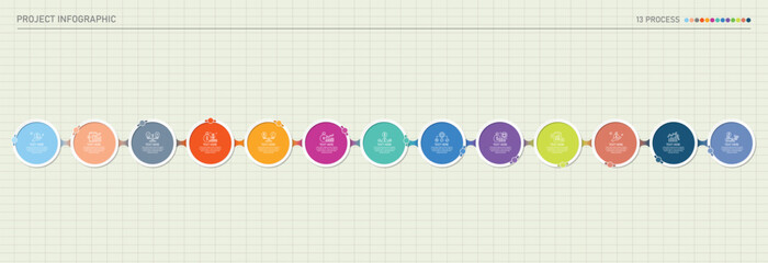 Infographic process design with icons and 13 options or steps.
