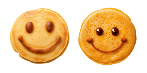 Pancake shaped like a smiley face, transparent background, isolated image, generative AI
