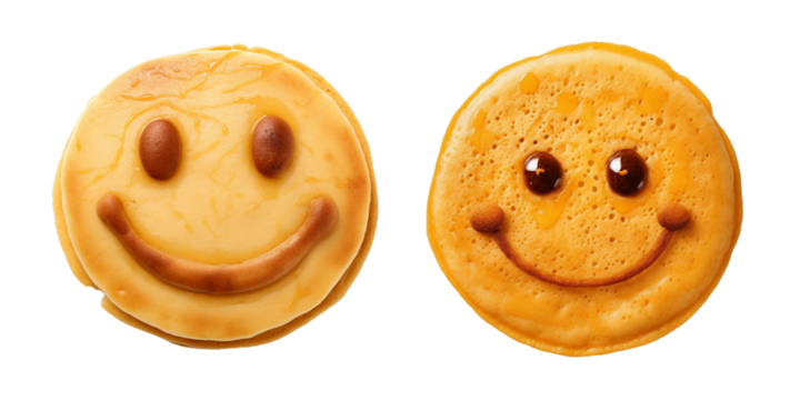 Pancake shaped like a smiley face, transparent background, isolated image, generative AI
