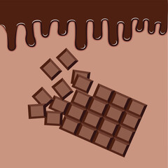 pouring chocolate dripping. Dark chocolate. chocolate bar. Chocolate. Pieces. vector illustration
