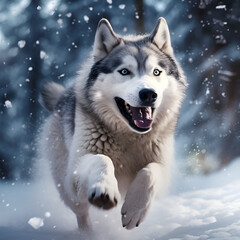 Naklejka premium Husky jogging in the field snowy roads and dog purebred dog breed