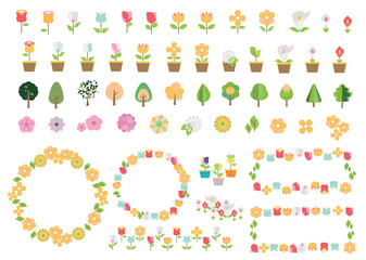 花と木と鉢植えと植物のアイコンとフレームセット