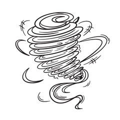 Black outlined tornado wind disaster vector illustration for coloring book isolated on white square background. Simple flat cartoon art styled drawing.
