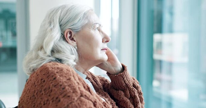 Senior woman, window or thinking with depression, sad or memory with retirement, alone or remember. Elderly person, pensioner or old lady with mental health, feeling lonely or fear with anxiety