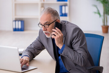 Old male employee talking by phone at workplace
