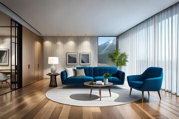 artistic view of modern living room , with blue color sofa , and white carten