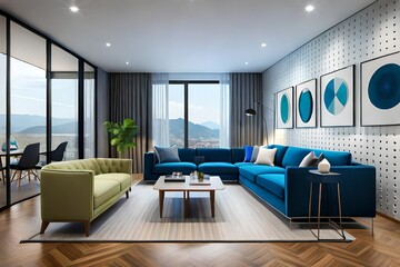 an artistic view of modern living room , blue color furniture and cartan are present 