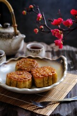 moon cake in ceramic plate on the table