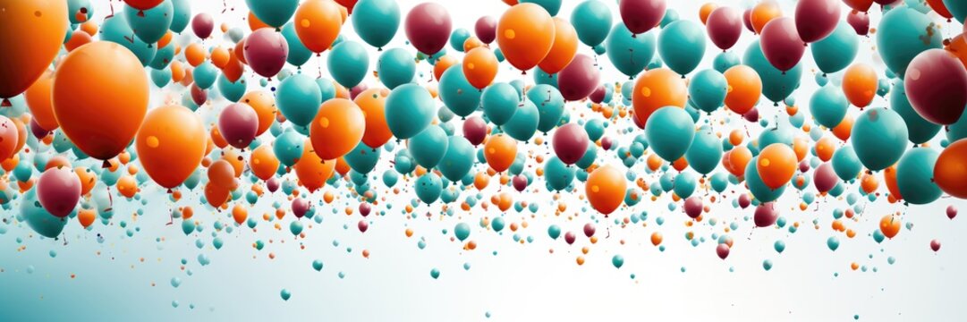 A wide-format background image tailored for creative content during celebratory occasions, brimming with an abundance of balloons soaring high into the sky. Photorealistic illustration