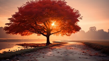 Tree on Sunset in Autumn. Generated AI