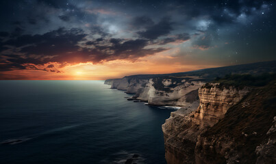 Astrophotography background photograph at night with milkyway shot from top cliff view cliff, sea with sunset