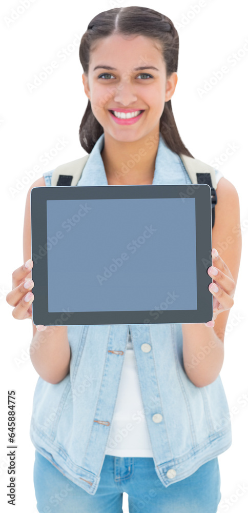 Canvas Prints Digital png photo of biracial woman holding tablet on transparent background