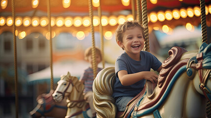 Obraz premium Two happy young boys expressing excitement while on a colorful carousel, merry go round, having fun at an amusement park. Generative Ai