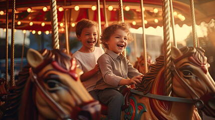 Fototapeta na wymiar Two happy young boys expressing excitement while on a colorful carousel, merry go round, having fun at an amusement park. Generative Ai
