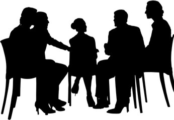 Digital png illustration of silhouettes of business colleagues in meeting on transparent background