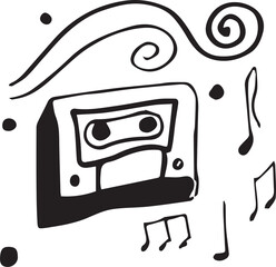 Digital png illustration of musical notes and tape recorder on transparent background