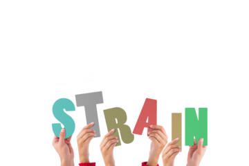 Digital png illustration of hands with strain text on transparent background