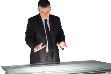 Digital png photo of caucasian businessman with interactive screen on transparent background