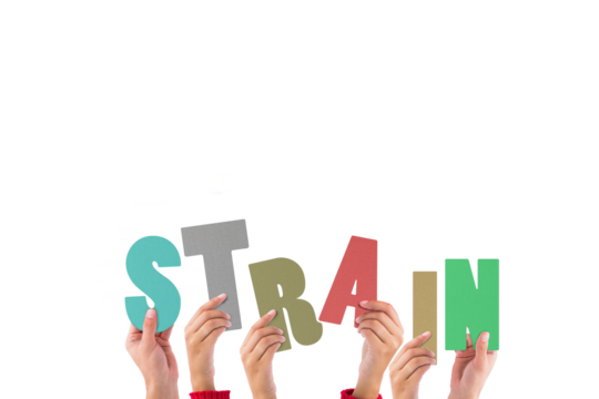 Digital png illustration of hands with strain text on transparent background