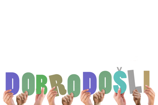 Digital png illustration of hands with dobrodosli text on transparent background