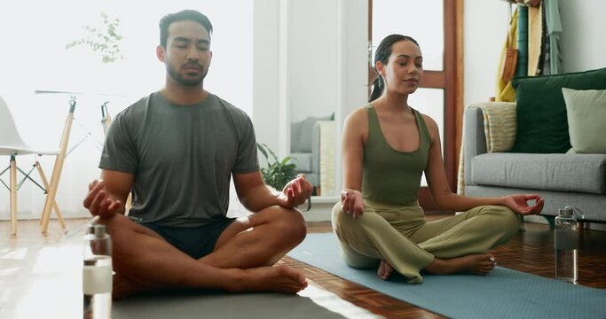 Home, meditation and couple with exercise, yoga and pilates training with mental health, apartment and peace. Lounge, man and woman with workout, relax and calm with wellness, zen and chakra balance