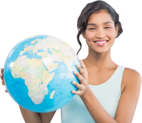 Digital png photo of biracial woman with globe on transparent background
