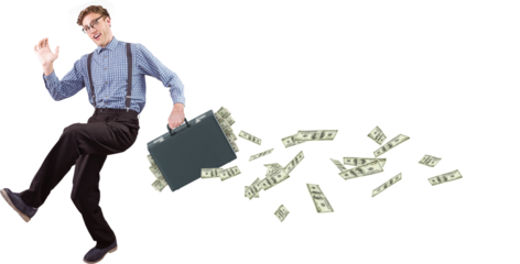 Digital png photo of caucasian businessman with suitcase and dollar bills on transparent background