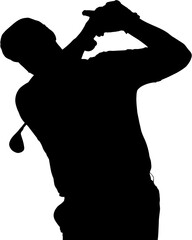 Digital png illustration of silhouette of male golf player on transparent background