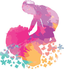 Digital png illustration of multicoloured mother and child on transparent background