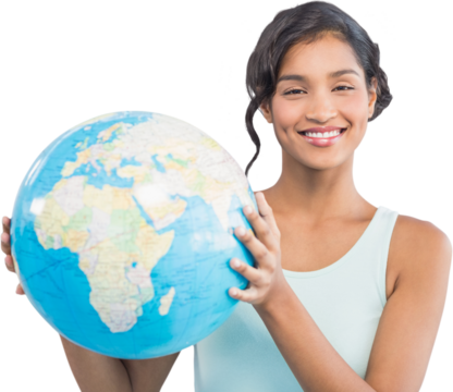 Digital png photo of biracial woman with globe on transparent background - Powered by Adobe