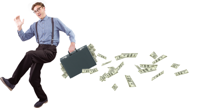 Digital png photo of caucasian businessman with suitcase and dollar bills on transparent background