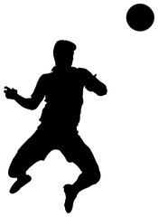 Fototapeta na wymiar Digital png illustration of silhouette of male footballer with ball on transparent background