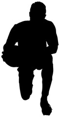 Digital png illustration of silhouette of rugby player with ball on transparent background
