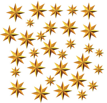 Golden multi Christmas Stars isolated on white Background. vector illustration. gold star